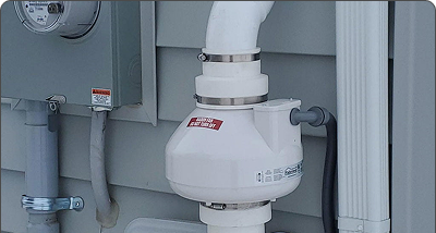 Radon mitigation system effectiveness - text overlay on home foundation diagram showing radon gas reduction
