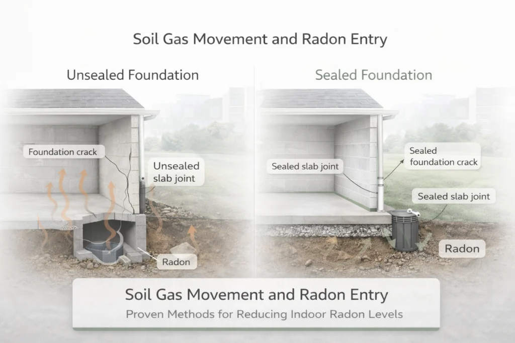 Illustration showing how radon gas enters homes through foundation cracks and slab openings