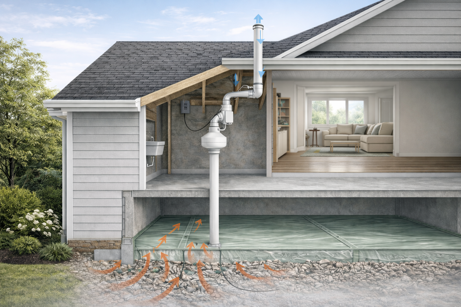 Cutaway illustration of a home showing how to install a radon mitigation system with a vent pipe and radon fan removing gas from beneath the foundation