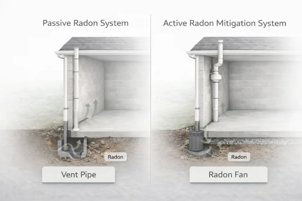 Comparison of passive radon resistant system and active radon mitigation system in residential homes