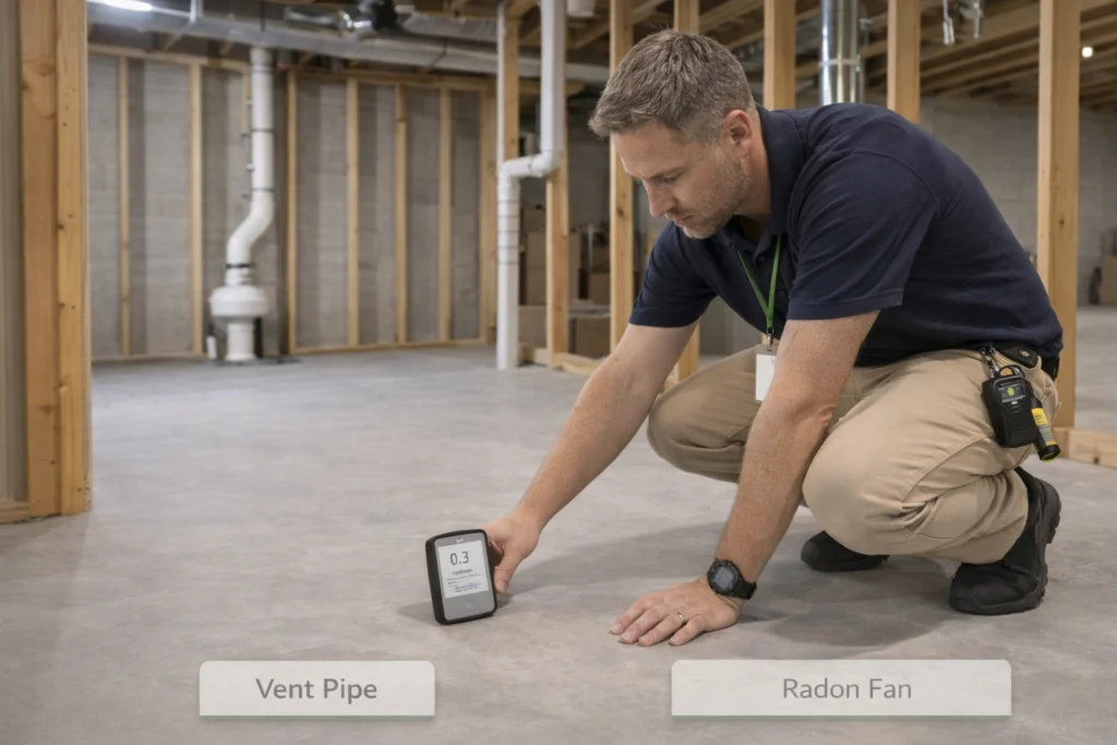 Radon inspection Milwaukee showing professional radon testing device placed in a new home basement